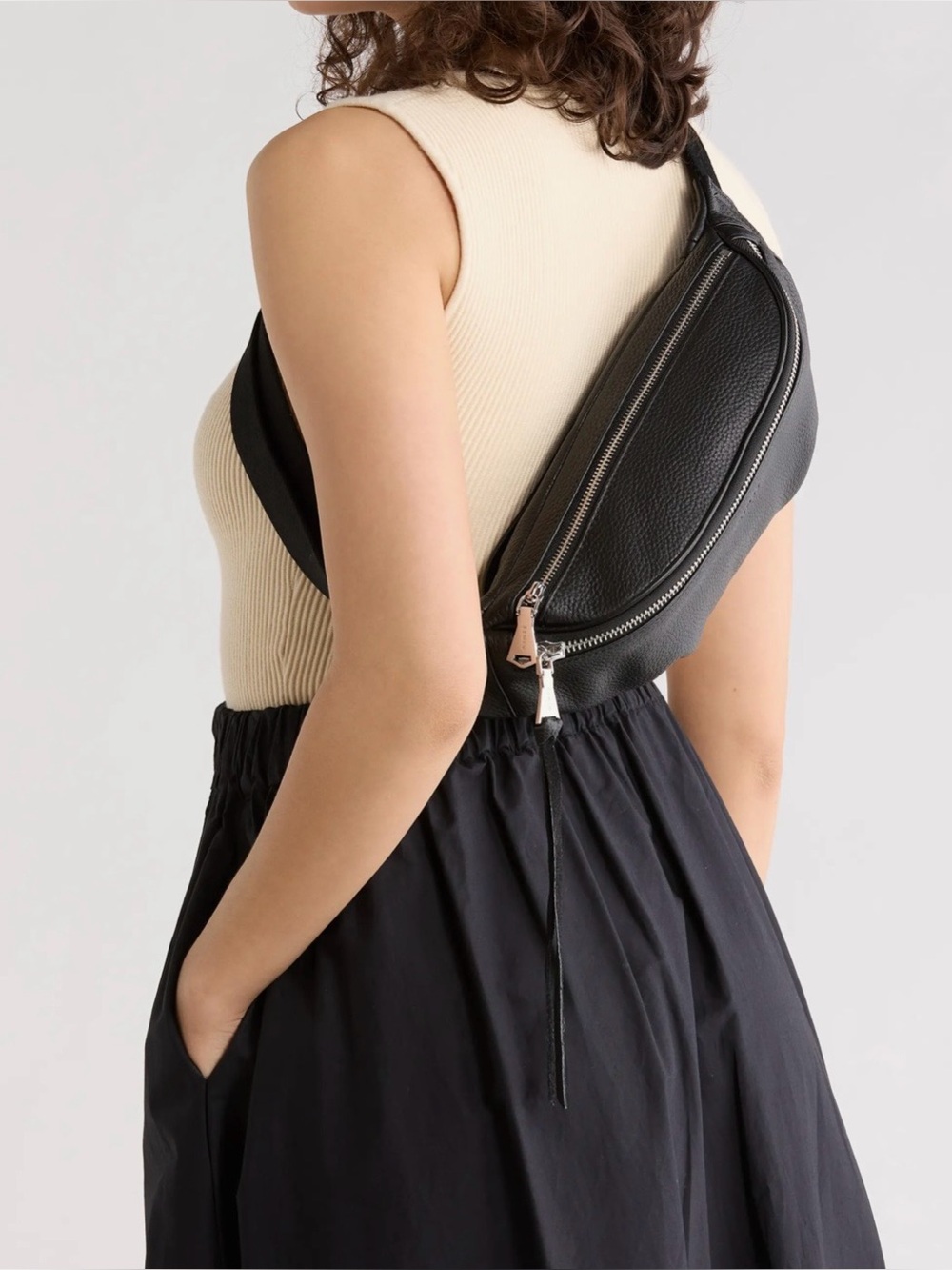 NWOT Aimee Black Pebbled Leather Belt Bag with Silver Hardware